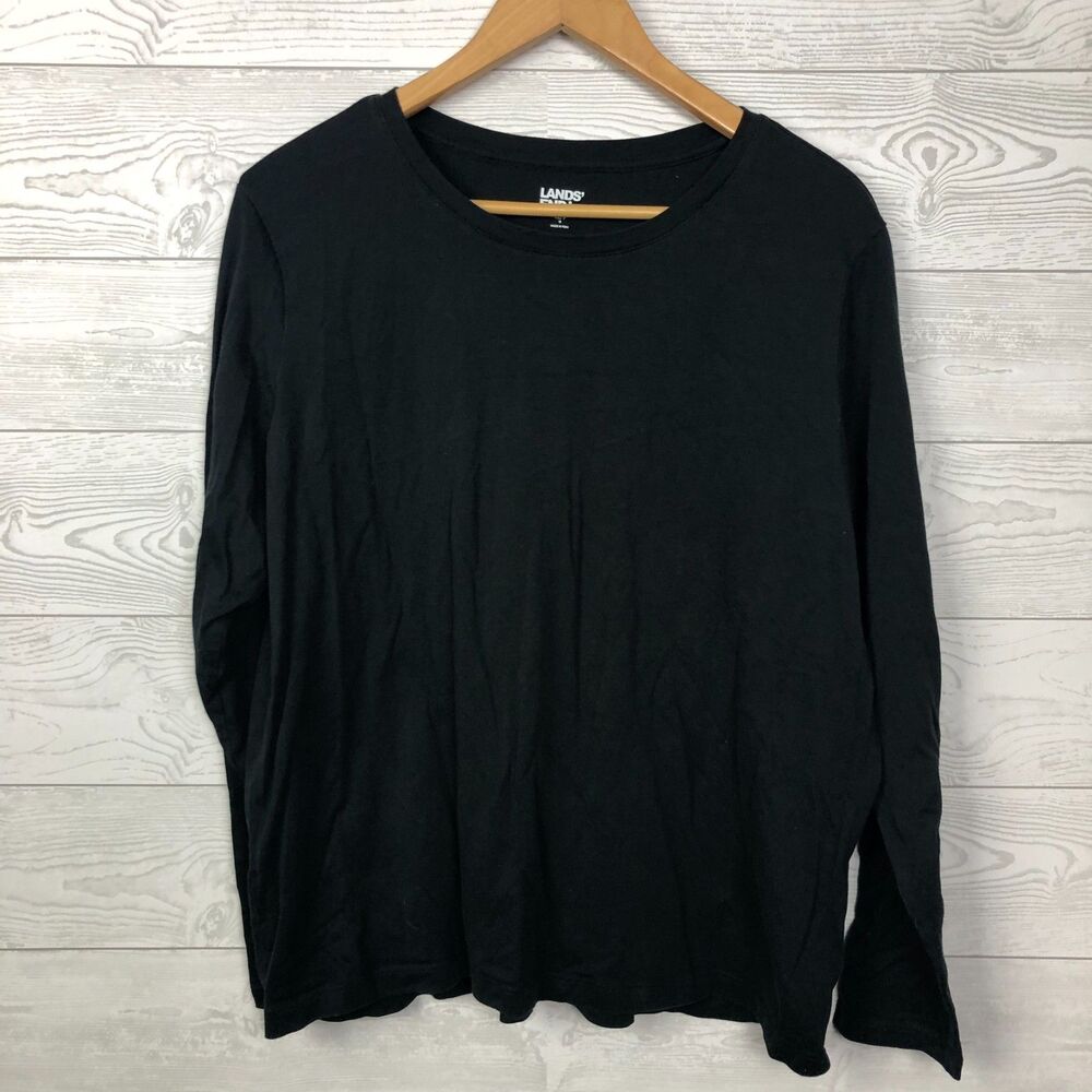 Lands End Women's XL/18 Long Sleeve Tee Shirt 100% Cotton Solid Black Casual